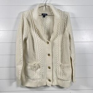 Lands End Sweater Womens Large Cable Knit Button Cardigan Shawl Collar Pockets